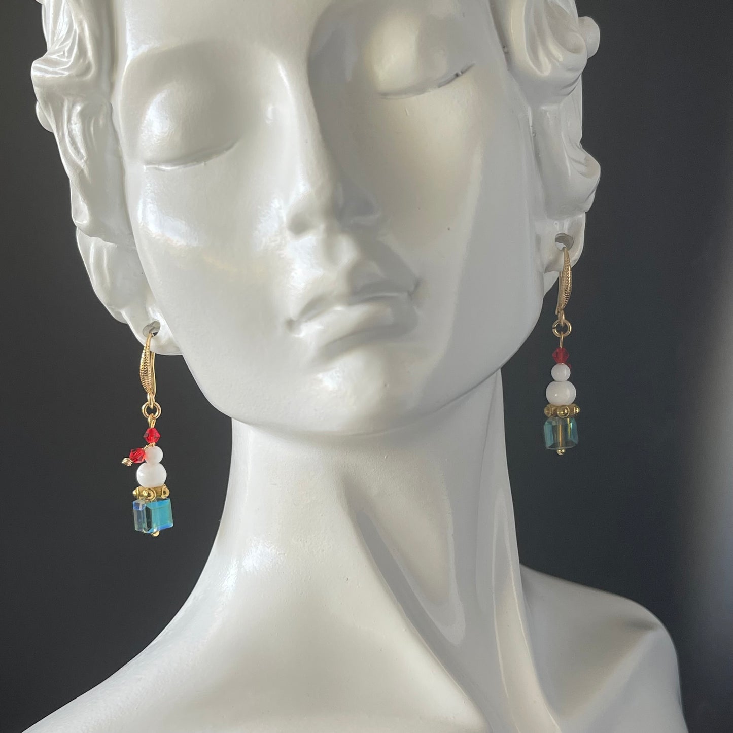 Handcrafted Snowman Christmas Earrings - Austrian Crystal Green Color Dangle Earrings with Gold Hooks