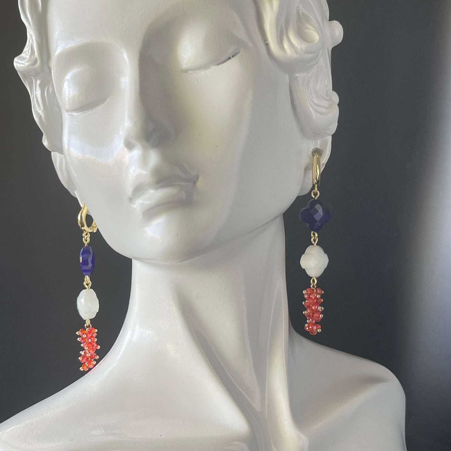 Patriotic Red White and Blue Drop Earrings - Handcrafted Gold Dangle Earrings