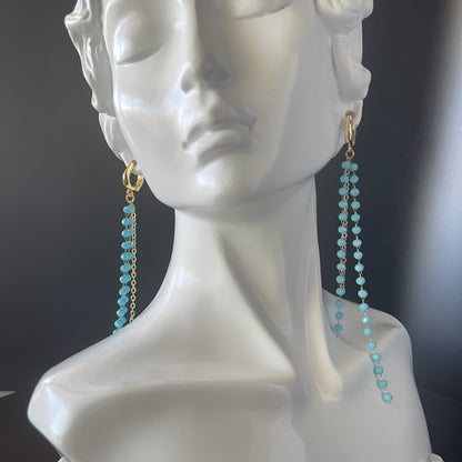 Gold Long Drop Earrings with Blue Turquoise Beads – Handcrafted Beaded Dangle Earrings