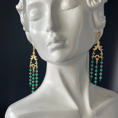 Gold Chandelier Earrings with 3mm Green Beads – 14K Gold-Tone Frame & Ball Studs