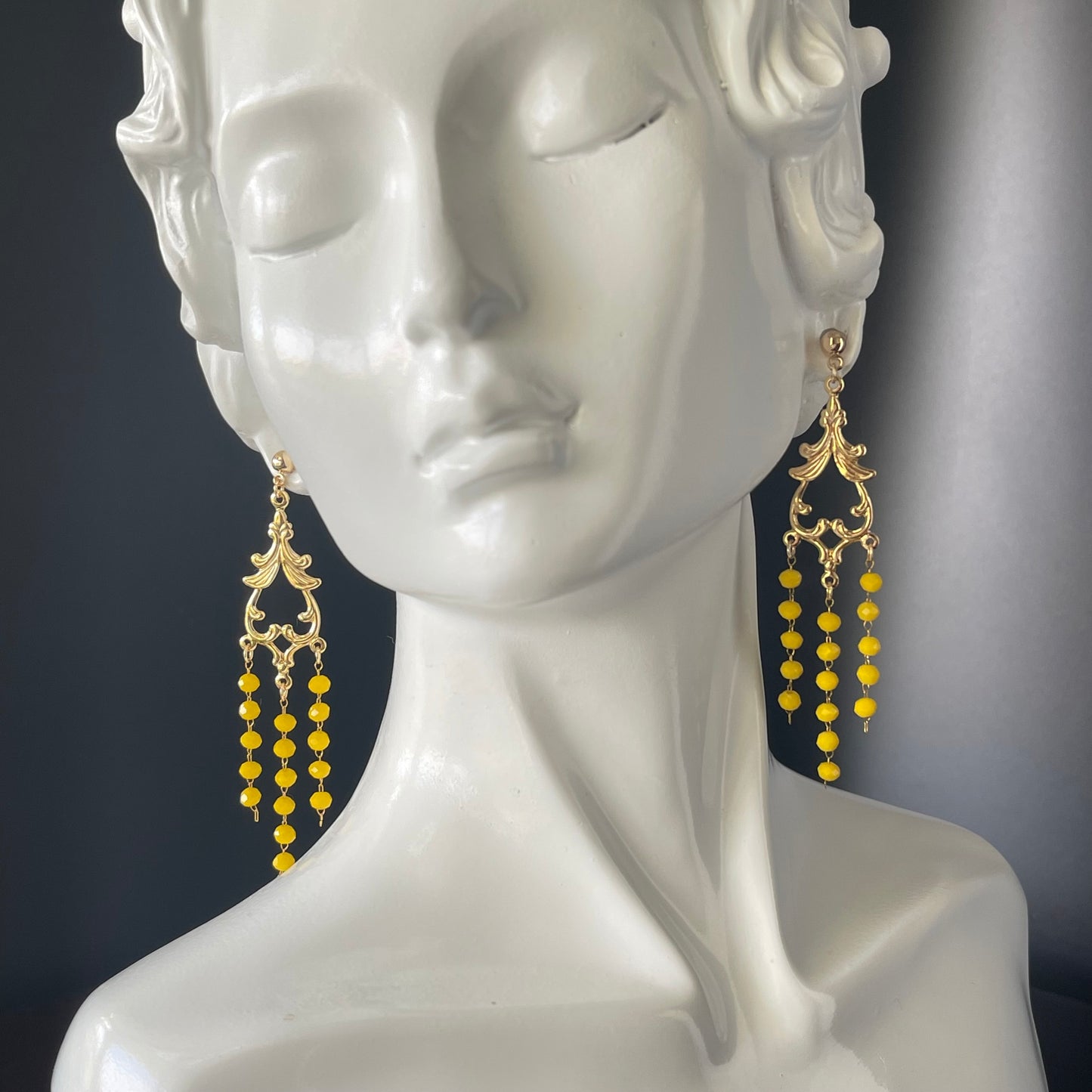 Gold Chandelier Earrings with 3mm Yellow Beads – 14K Gold-Tone Frame & Ball Studs