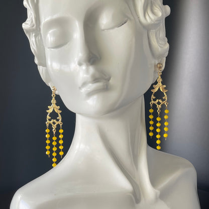Gold Chandelier Earrings with 3mm Yellow Beads – 14K Gold-Tone Frame & Ball Studs