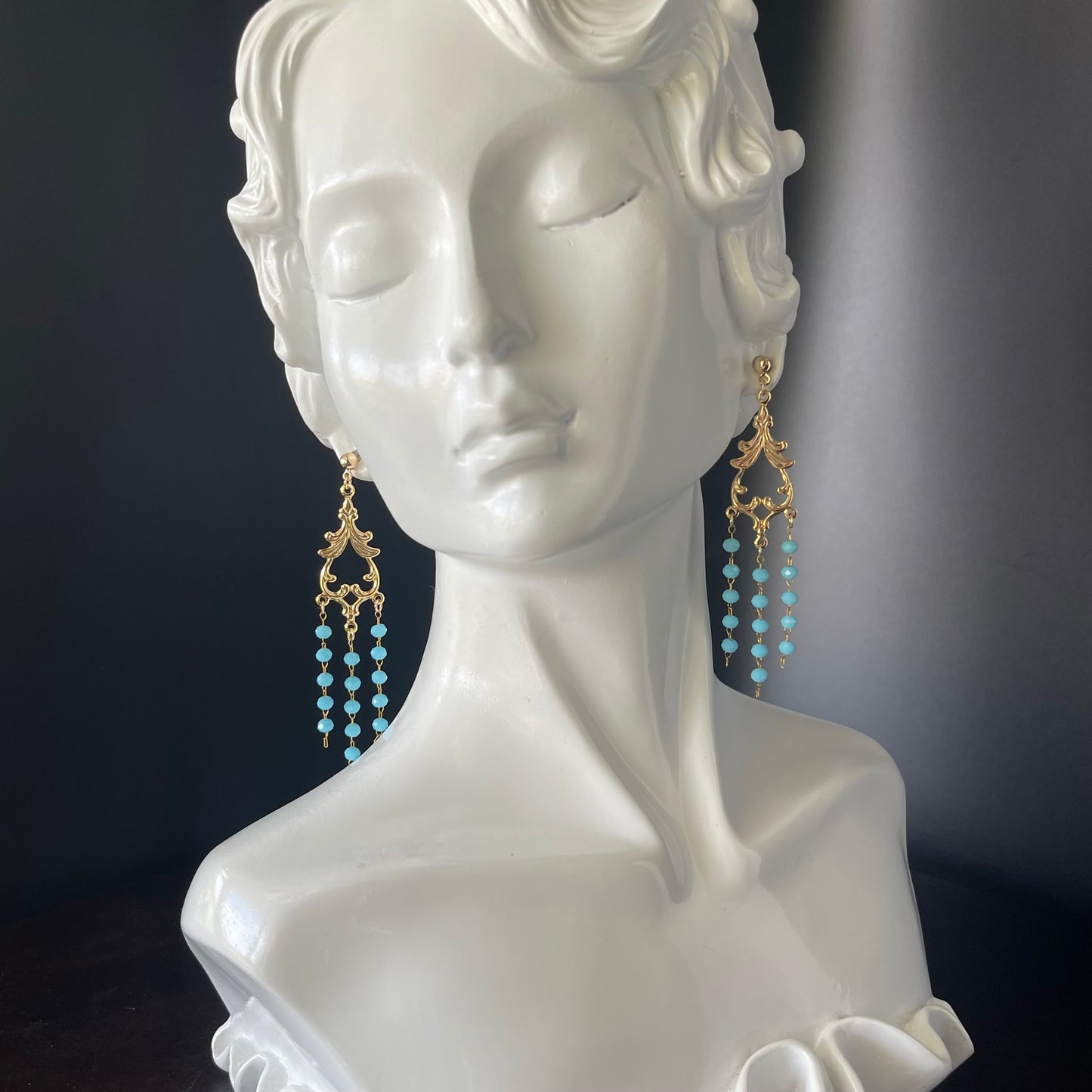 Gold Chandelier Earrings with 3mm Teal Beads – 14K Gold-Tone Frame & Ball Studs