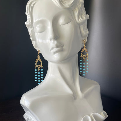 Gold Chandelier Earrings with 3mm Teal Beads – 14K Gold-Tone Frame & Ball Studs