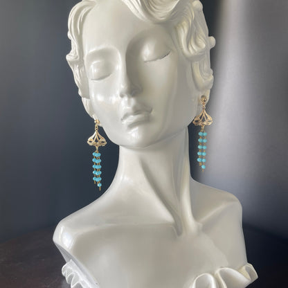 Gold Chandelier Earrings with 3mm Teal Beads – 14K Gold-Tone Frame & Ball Studs