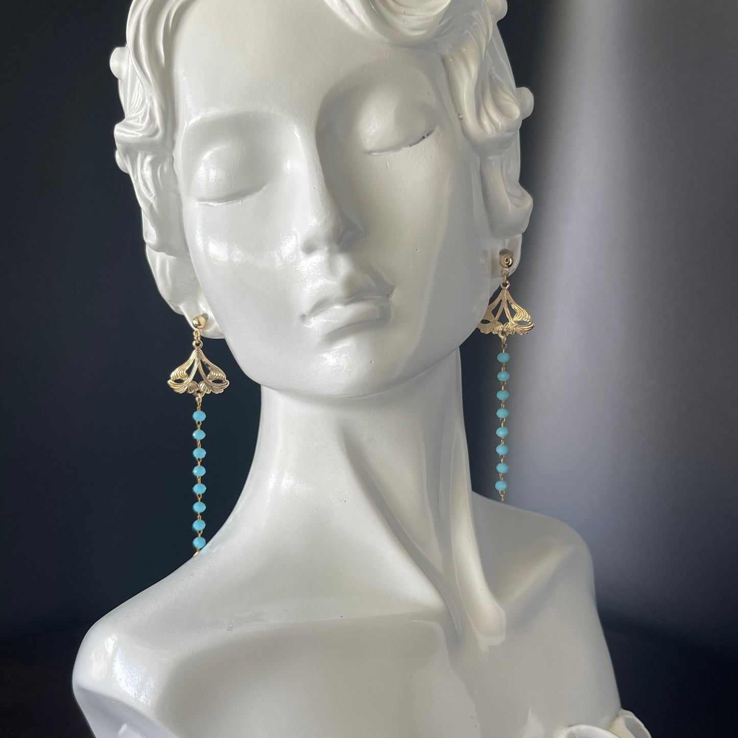 Gold Chandelier Earrings with 3mm Teal Beads – 14K Gold-Tone Frame & Ball Studs