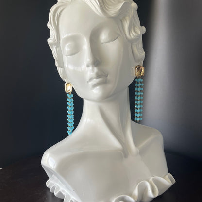 Gold Chandelier Earrings with 3mm Teal Beads – 14K Gold-Tone Frame & Ball Studs