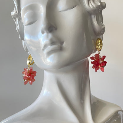 Pink Flower Beads Earrings with Freshwater Pearls Accent in Gold