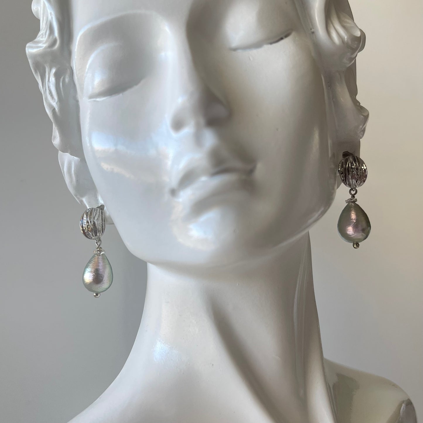 Grey Color Japenese Cotton Pearl Earrings in Platinum Color