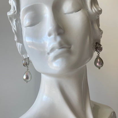 Grey Color Japenese Cotton Pearl Earrings in Platinum Color