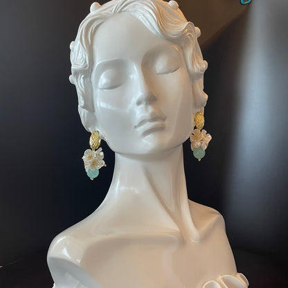 White Flower Beads Earrings with Teal Color Bead Accent in Gold