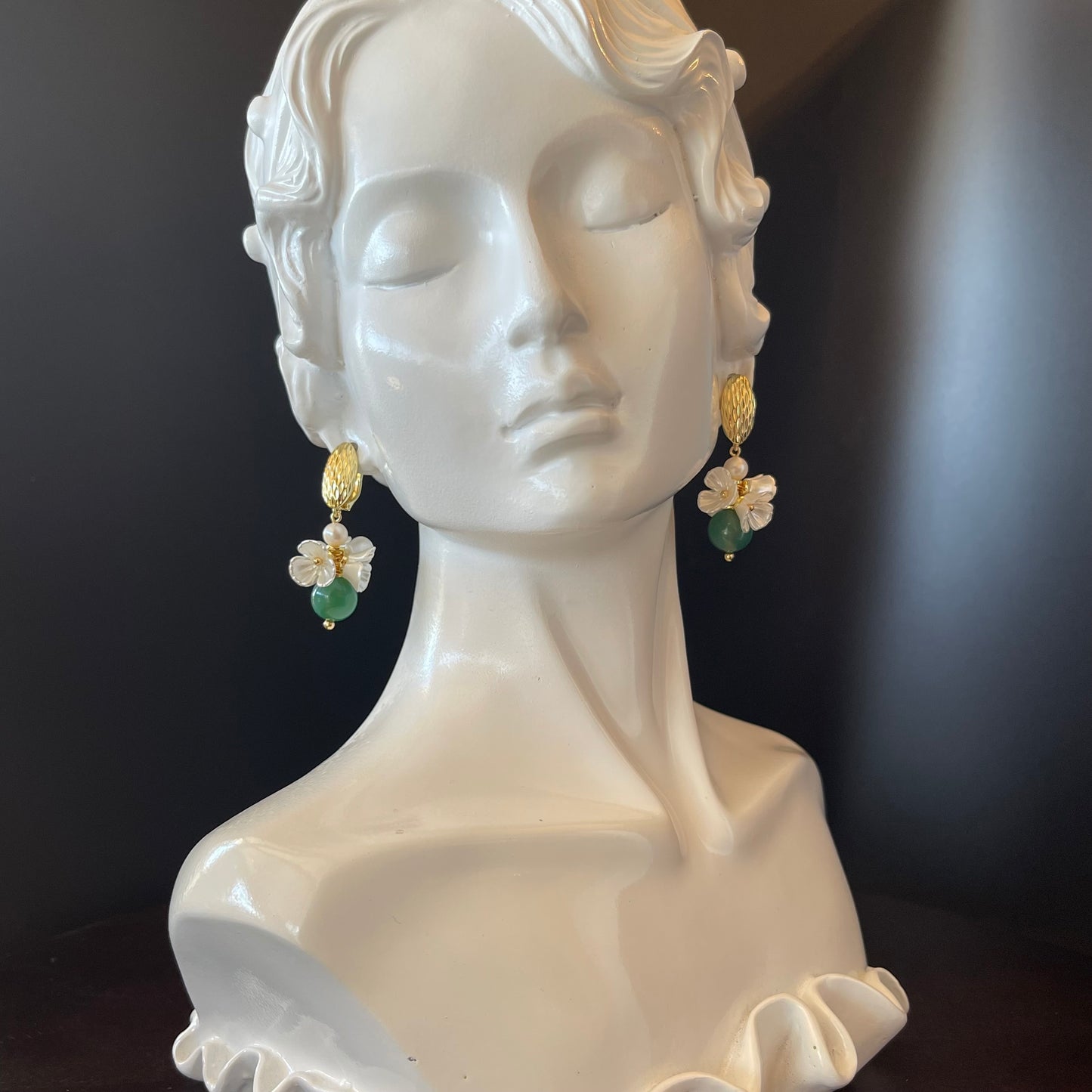 White Flower Beads Earrings with Green Bead Accent in Gold