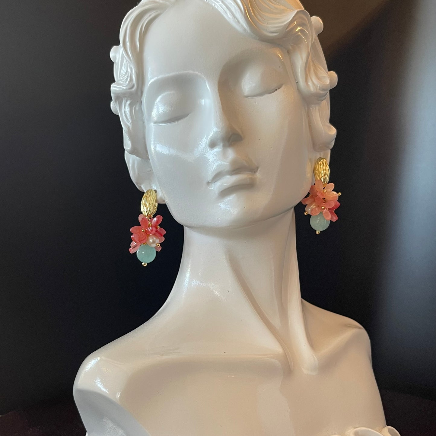 Pink Flower Beads Earrings with Freshwater Pearl Accent in Gold