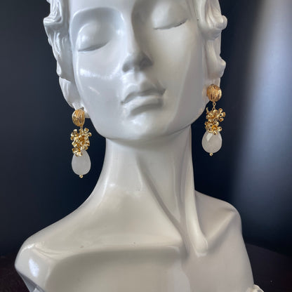 Gold Color Plated Brass Bead Cap Flower Earrings with White Teardrop Stone
