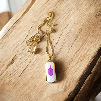 Resin encasing a pressed flower petal pendant necklace - Gold plated Stainless Steel, Purple petal