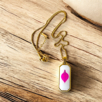 Resin encasing a pressed flower petal pendant necklace - Gold plated Stainless Steel, Pink petal