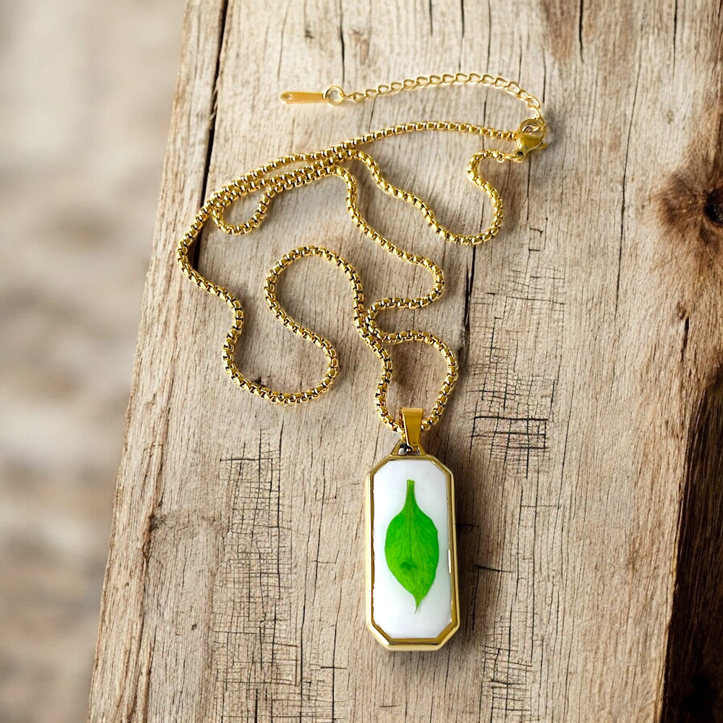 Resin encasing a pressed flower petal pendant necklace - Gold plated Stainless Steel, Green petal
