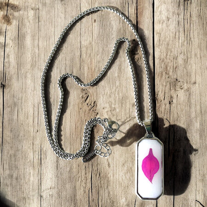 Resin encasing a pressed flower petal pendant necklace - plated Stainless Steel, Pink petal