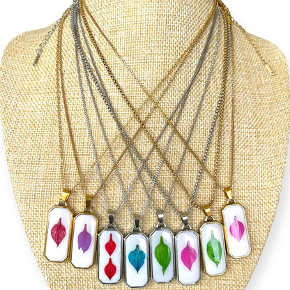 Resin encasing a pressed flower petal pendant necklace - Gold plated Stainless Steel, Magenta petal