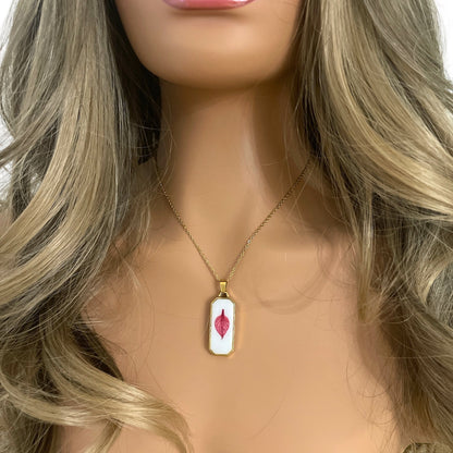 Resin encasing a pressed flower petal pendant necklace - Gold plated Stainless Steel, Magenta petal