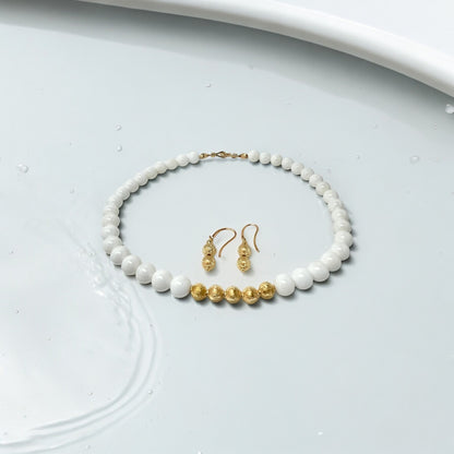 Natural Stone White Coral Round 10mm Beads Necklace and Earrings Set. 18K Gold Plated Beads Accent