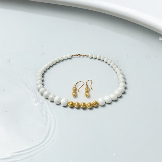 Natural Stone White Coral Round 10mm Beads Necklace and Earrings Set. 18K Gold Plated Beads Accent