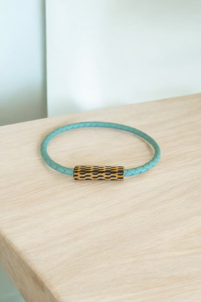 Women's custom braided leather bracelet with magnetic clasp in Teal color - customizable. See details.