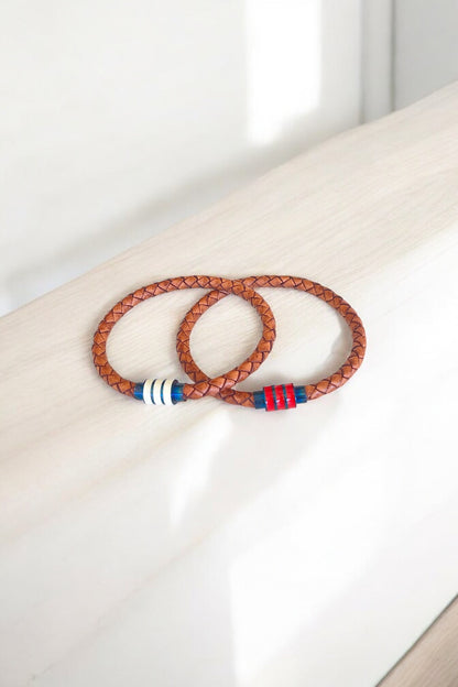Men’s custom braided leather bracelet with magnetic clasp in various colors - customizable. See details.