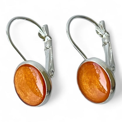 Orange accent leverback closure silver earrings