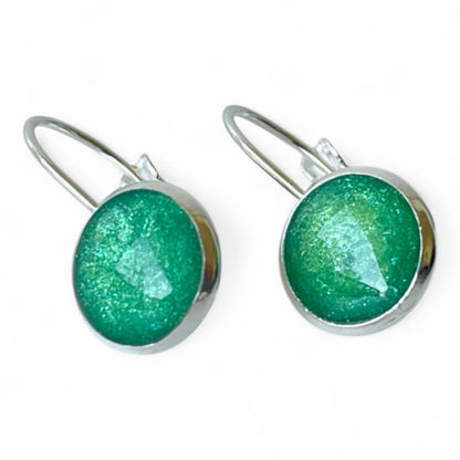 Green leverback closure silver earrings