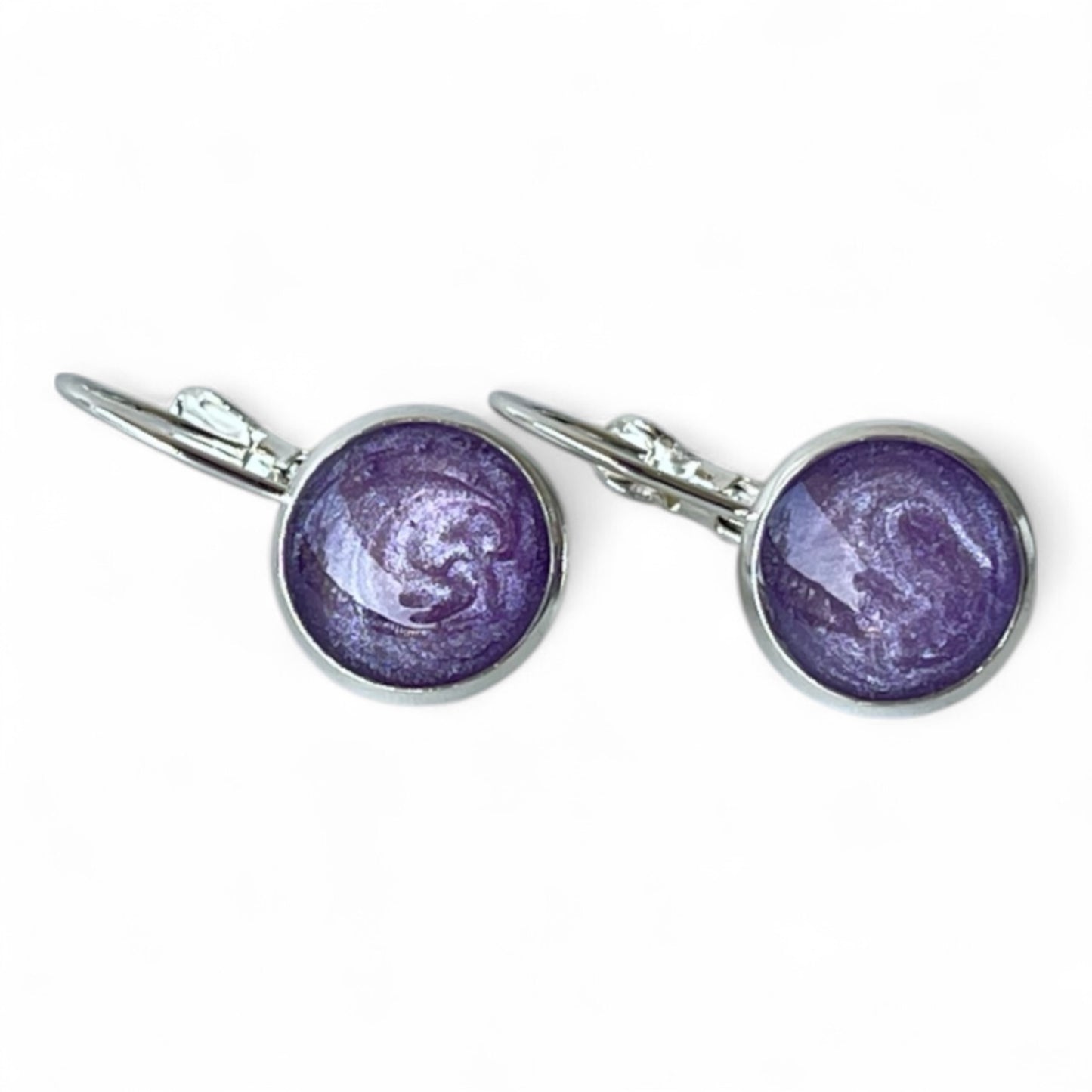 Purple accent leverback closure silver earrings