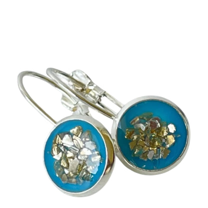 Teal with Gold accent leverback closure silver earrings