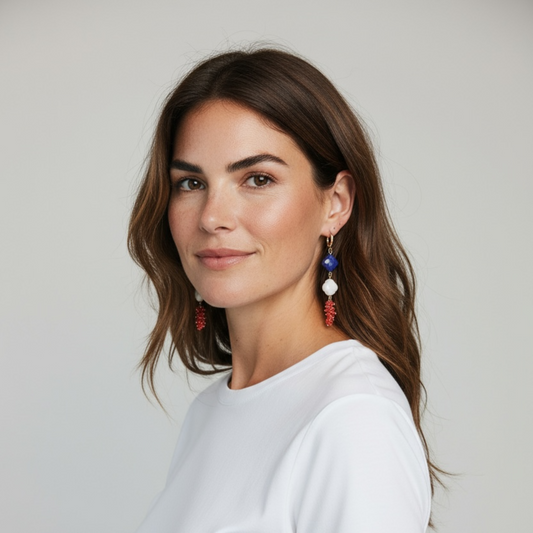 Patriotic Red White and Blue Drop Earrings - Handcrafted Gold Dangle Earrings