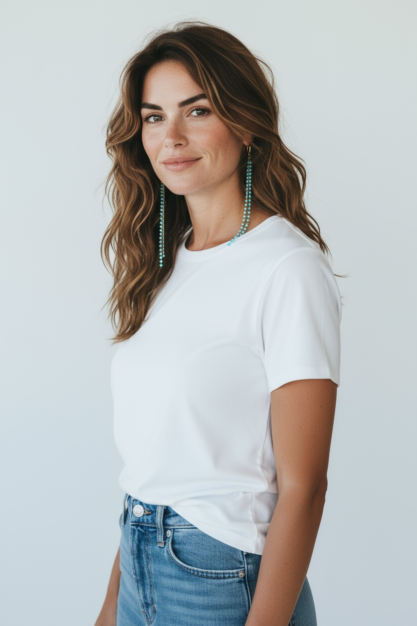 Gold Long Drop Earrings with Blue Turquoise Beads – Handcrafted Beaded Dangle Earrings