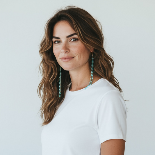 Gold Long Drop Earrings with Blue Turquoise Beads – Handcrafted Beaded Dangle Earrings