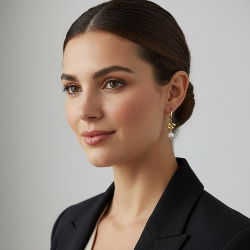 18K Gold Plated Copper Flower Shape Earrings with Fresh Water Pearl Accent