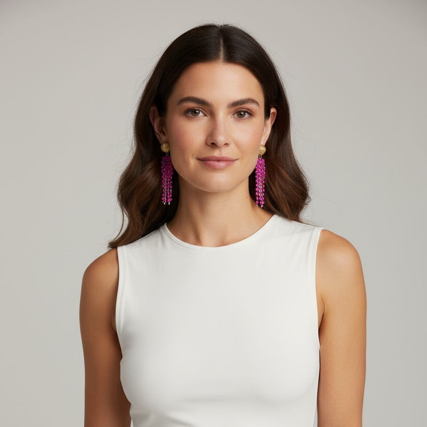 Gold Chandelier Earrings with 3mm Pink Beads – 14K Gold-Tone Ball Studs