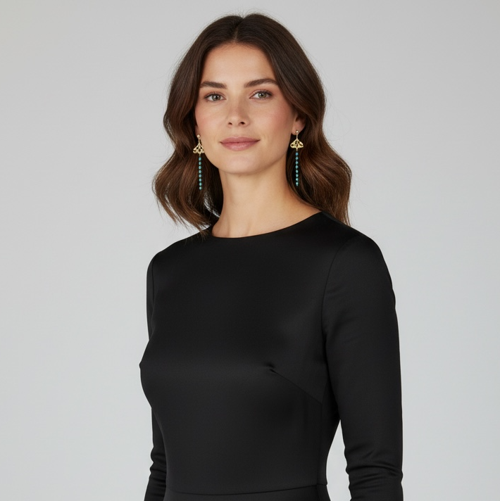 Gold Chandelier Earrings with 3mm Teal Beads – 14K Gold-Tone Frame & Ball Studs