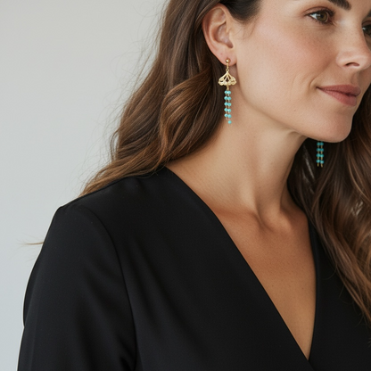 Gold Chandelier Earrings with 3mm Teal Beads – 14K Gold-Tone Frame & Ball Studs