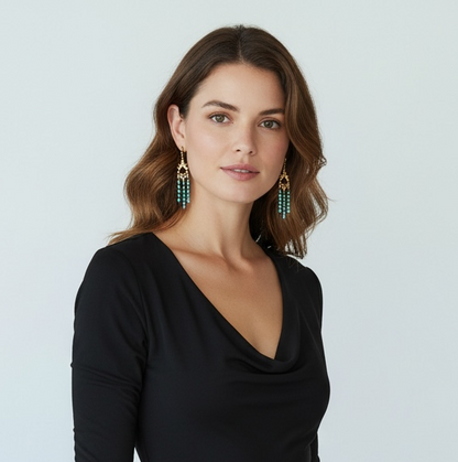 Gold Chandelier Earrings with 3mm Teal Beads – 14K Gold-Tone Frame & Ball Studs