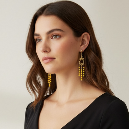 Gold Chandelier Earrings with 3mm Yellow Beads – 14K Gold-Tone Frame & Ball Studs