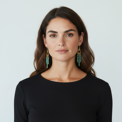 Gold Chandelier Earrings with 3mm Green Beads – 14K Gold-Tone Frame & Ball Studs