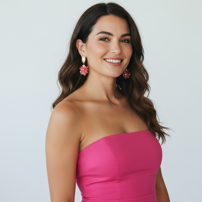 Pink Flower Beads Earrings with Freshwater Pearls Accent in Gold