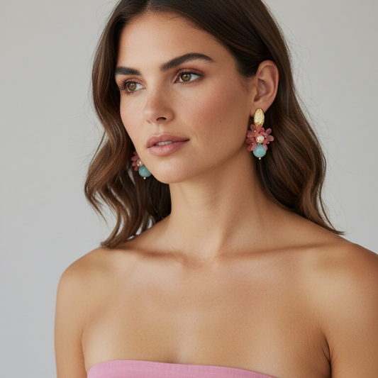 Pink Flower Beads Earrings with Freshwater Pearl Accent in Gold