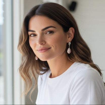 Teardrop Pink Pearl Earrings – Rhodium Finish with Clasps & Hooks