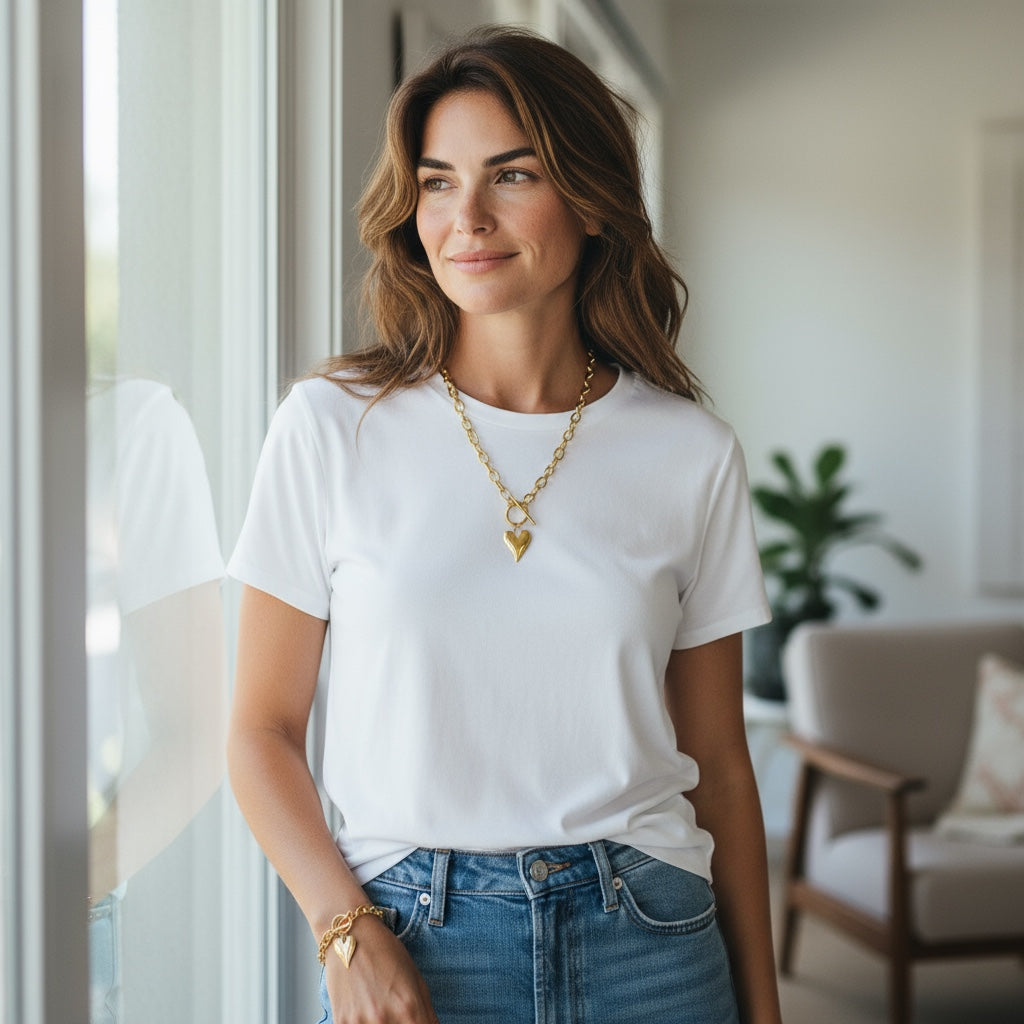 Gold Heart Pendant Necklace – 18" Stainless Steel Double Oval Chain with Toggle Clasp