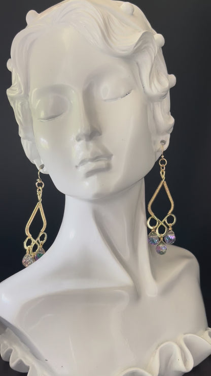 Gold colored Chandelier Earrings with Crystal Strawberry beads wire wrapped frame 14 ct Gold filled hooks