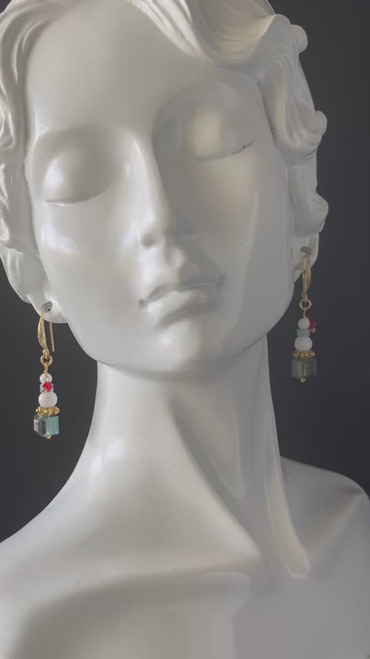 Handcrafted Snowman Christmas Earrings - Austrian Crystal Dangle Earrings with Gold Hooks