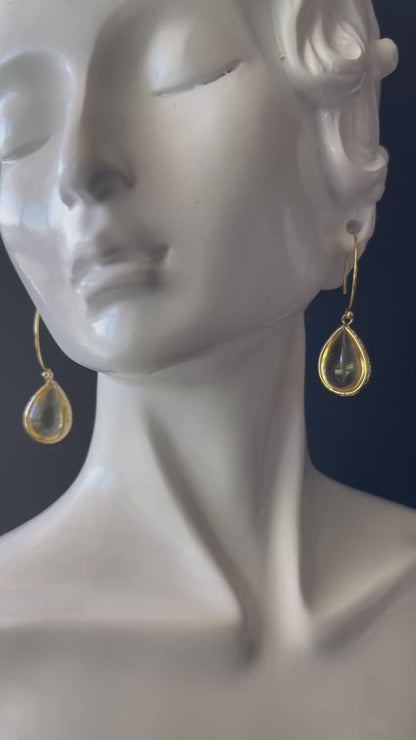 Drop Earrings in Champange Gold Colored Brass with Grey Teardrop Shaped Charm