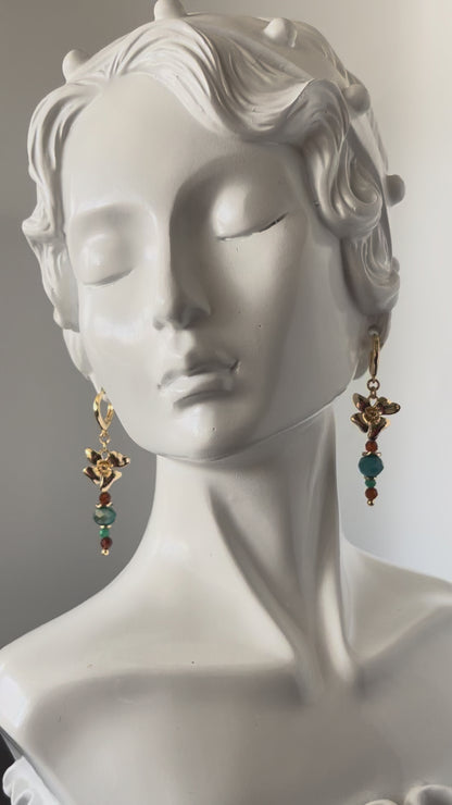 Gold Floral Shape Earrings with Beads Accent